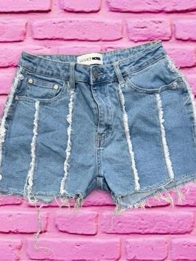 Fashion Nova Blue Frayed Vertical-Strip Denim Shorts